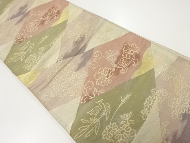 アンティーク　花鳥模様織出し袋帯（材料）